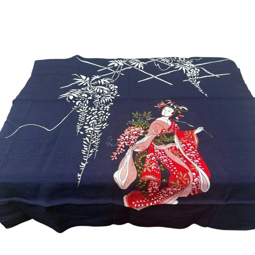 Japanese Fukusa Textile Navy Blue Geisha Woman Tea Ceremony Cloth Asian